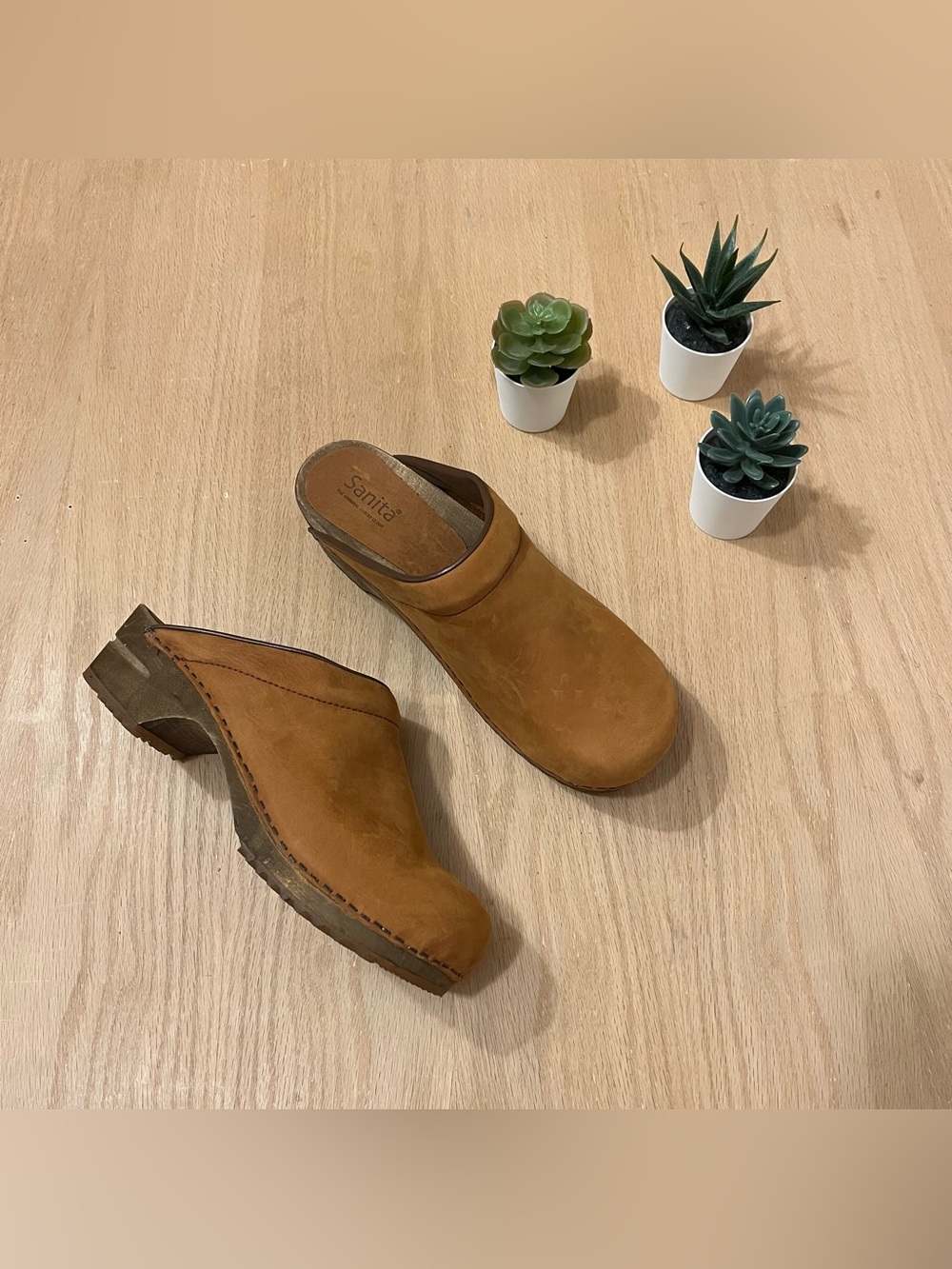 Sanita Leather Open Back Wooden Clogs in Camel Brown Suede size 42